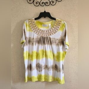 Alfred Dunner Yellow & Brown Tie-Dye Blouse With Beaded Collar Accents - L